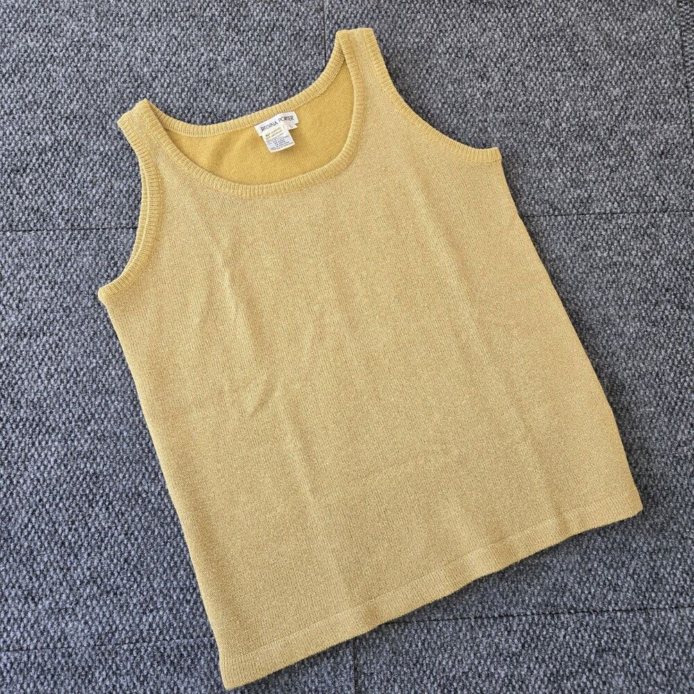 90s Regina Porter Metallic Knit Tank Top Gold Mustard Shell Sz L Y2K Vintage